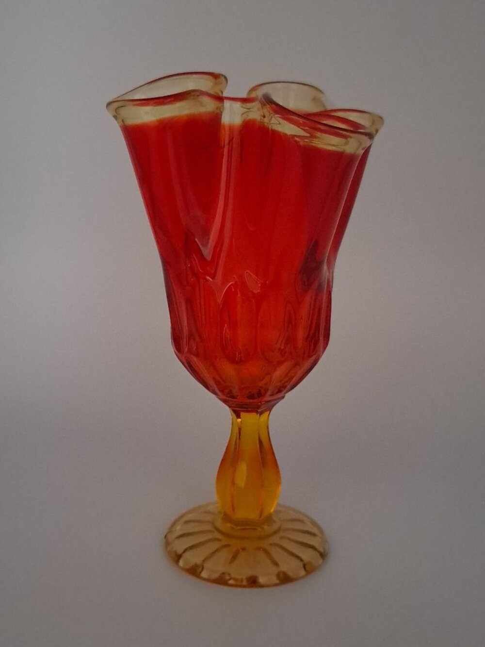 Fenton Retro Orange Glass Pedestal Vase Vintage Amberina Handkerchief Vase